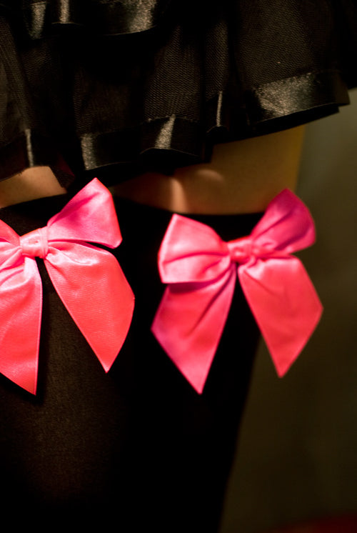 Opaque Thigh High Stockings with Bow - Black with Neon Pink
