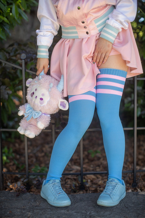 Americana Thigh High Socks - Sky Blue with Cherry Blossom
