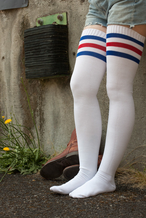 Americana Thigh High Socks - White with Royal and Red