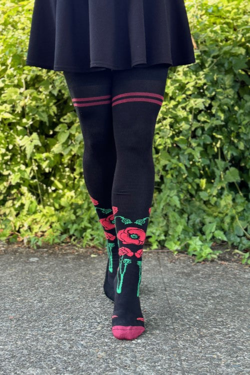 Botanical Nouveau Thigh High Socks - red poppies
