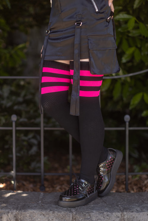 Neon Power Stripe Thigh High Socks - Neon pink