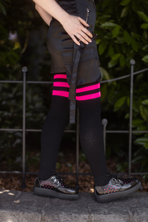 Neon Power Stripe Thigh High Socks - Neon pink