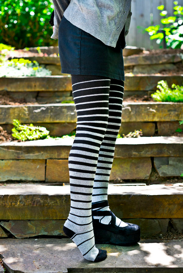 Longer Gradient Stripe Extraordinary Thigh High - Black and Grey