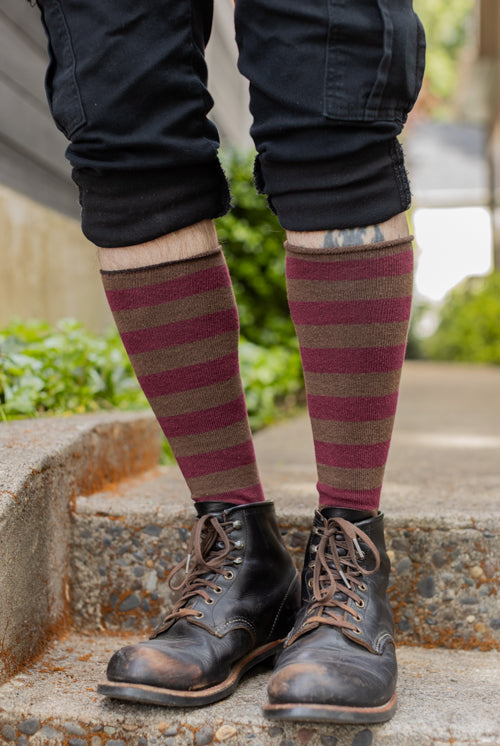 Roll Top Striped Knee High Socks - Dark Brown & Burgundy