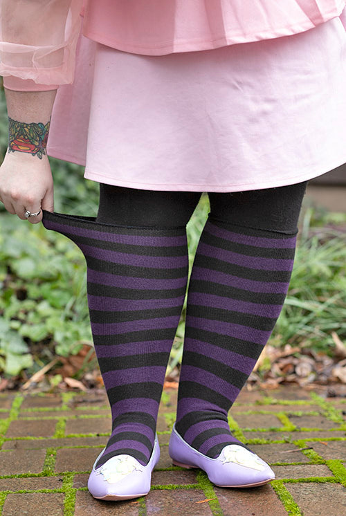 Roll Top Striped Knee Socks - Black/Plum