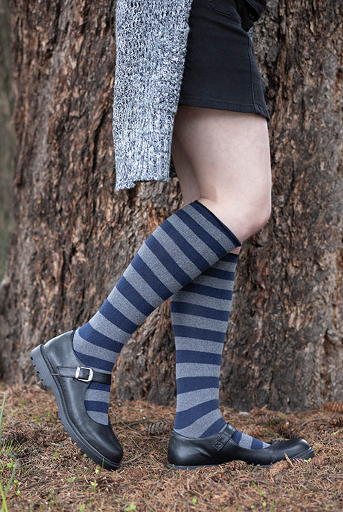 Roll Top Striped Knee High Socks - Navy/Charcoal