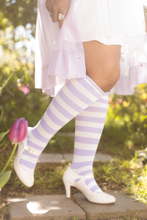 Roll Top Striped Knee High Socks - Lilac/Sweet Cream