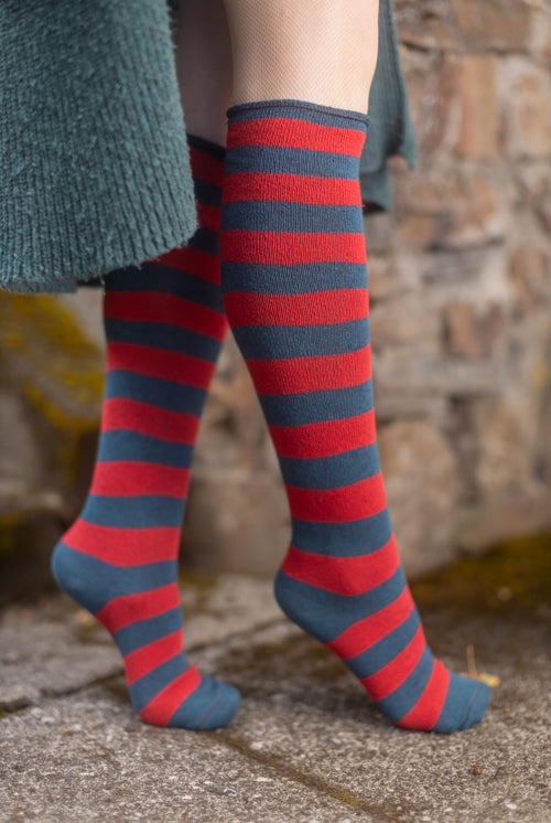 Roll Top Striped Knee High Socks - Teal/Red