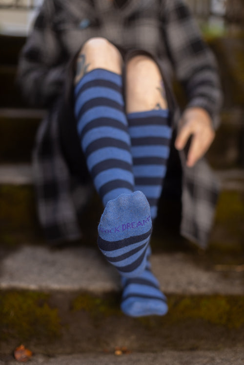 Roll Top Striped Knee High Socks - Navy/Azule