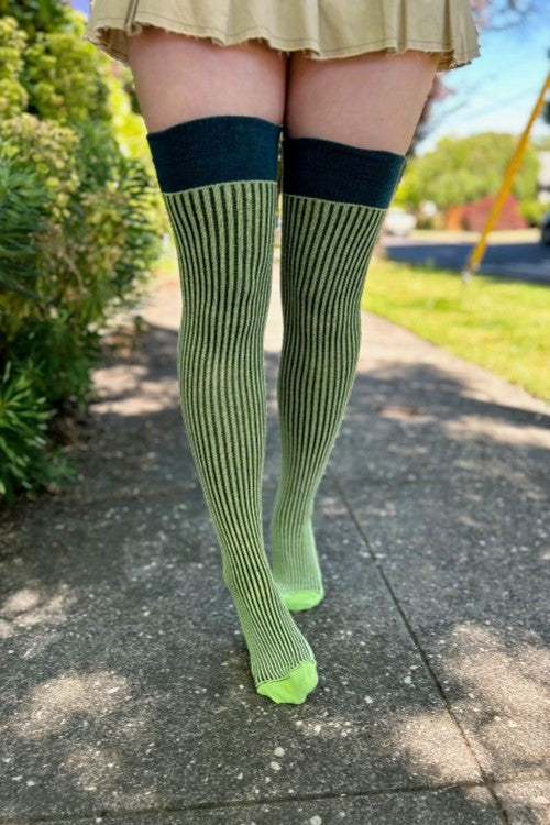 Vertical Lines Thigh High - Teal/lime