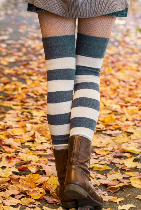 Longer Striped Extraordinary Thigh High in Steel Blue and Sweet Cream