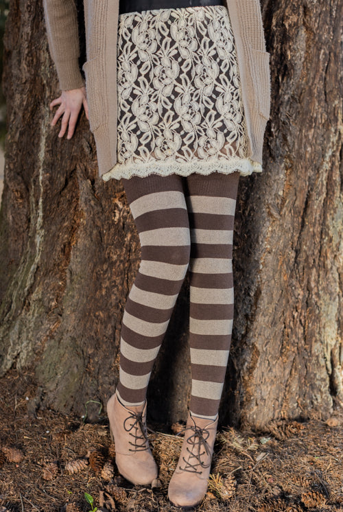 Longer Striped Extraordinary Thigh High Socks - Coffee & Mocha