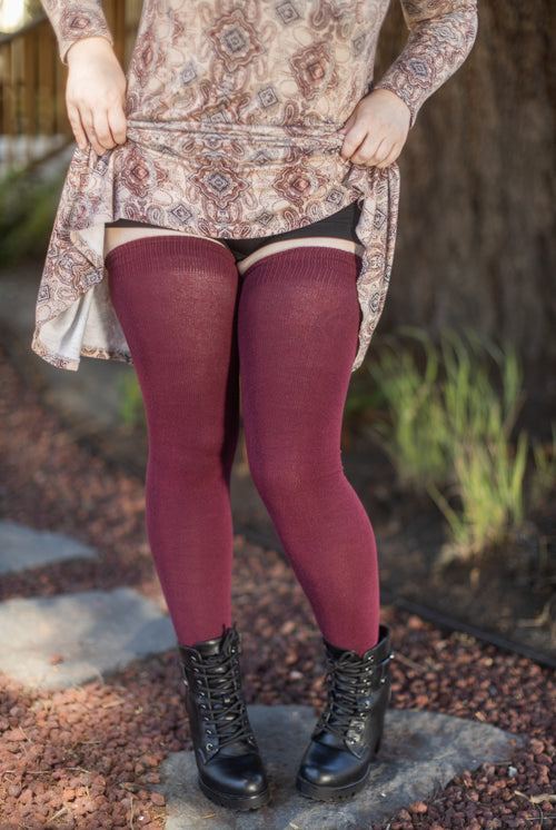 Longer Extraordinary Thigh High Socks - Burgundy