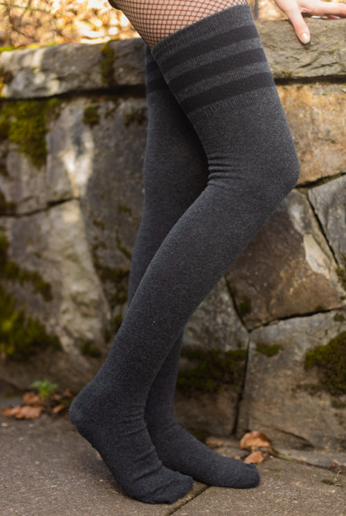 Longer Cotton Top-Striped Extraordinary Thigh High - Dark Charcoal with Black
