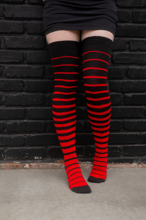 Acrylic Gradient Stripes Extraordinary Thigh High - black and red