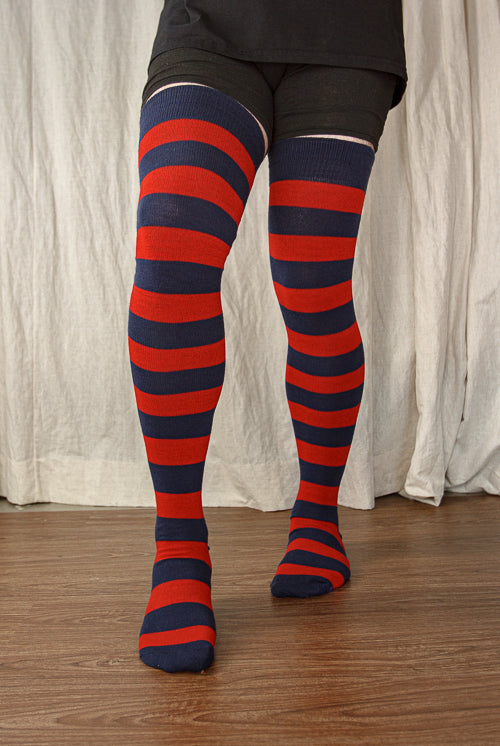 A person wearing XL foot longer extraordinary programming socks in navy and red