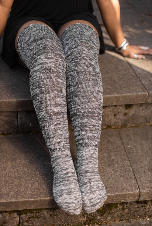 Marled Scrunchable Thigh High Socks - Black