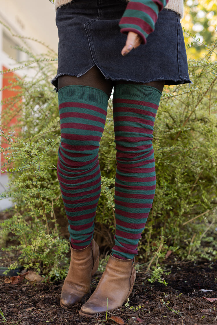 M Stripes Thigh High Socks - Hunter & Dark Red