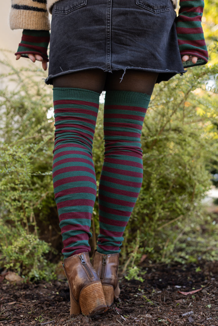 M Stripes Thigh High Socks - Hunter & Dark Red