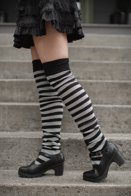 Super Stripes Thigh High Socks - Black/Grey