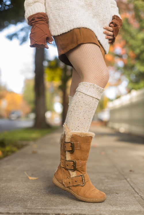 Tweed Knit Diamond Rib Socks - Oatmeal
