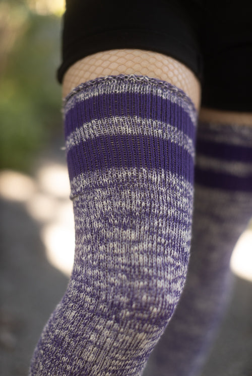 Top-Striped Marled Scrunchable Thigh High Socks - Violet