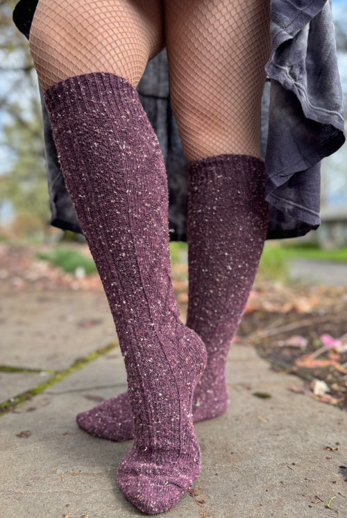 Tweed Knit Diamond Rib Socks - Eggplant