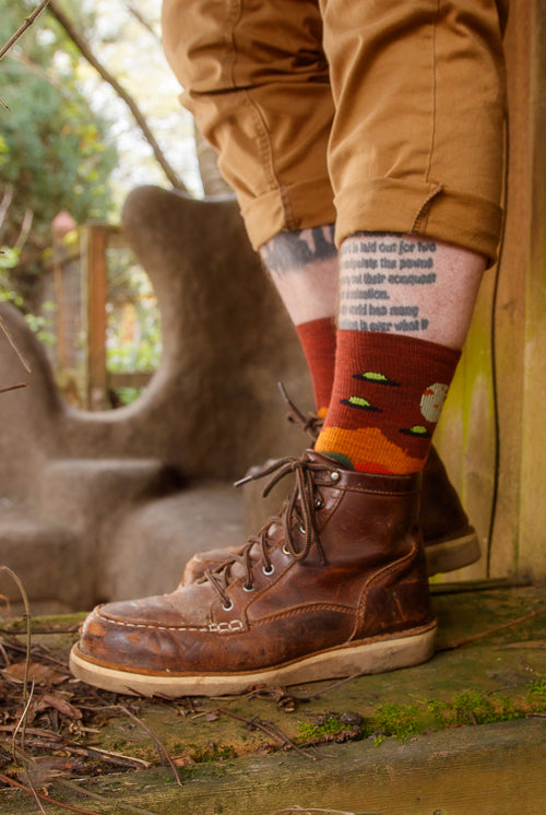 Spaced out walnut crew socks with UFO's
