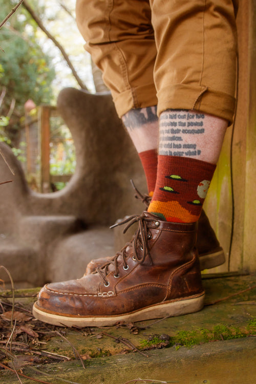Spaced out walnut crew socks with UFO's