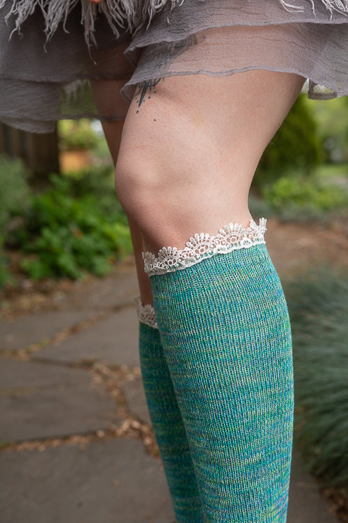 Lace Twisted Yarn Knee High Bootsock - Aqua