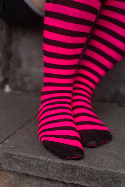 Striped Nylon Thigh High - Black and Neon Pink