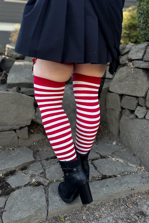 Striped Nylon Thigh High - White and Red