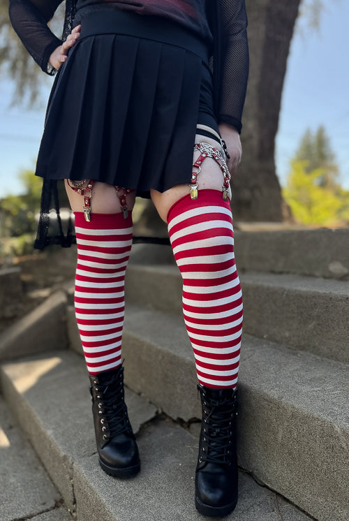 Striped Nylon Thigh High - White/Red