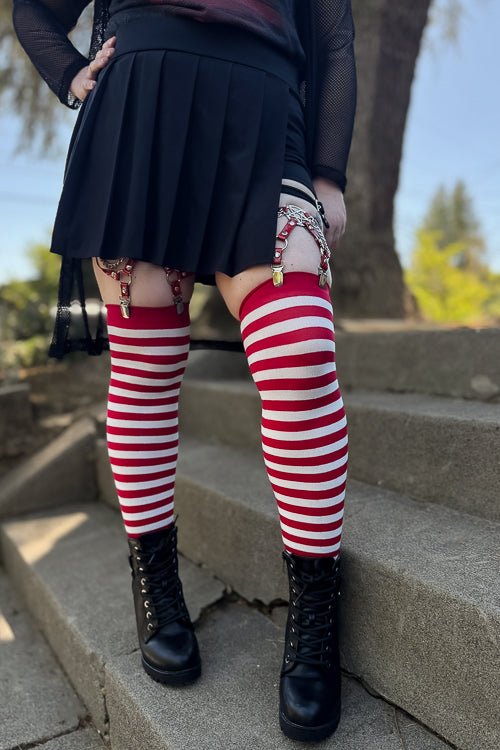 Striped Nylon Thigh High - White/Red