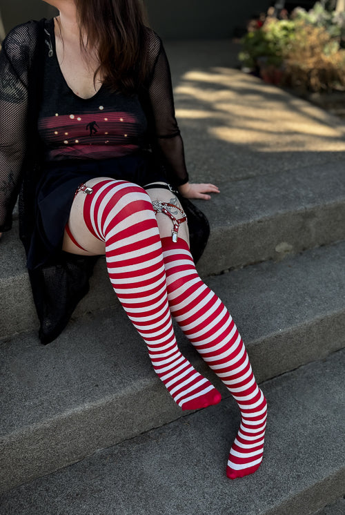 Striped Nylon Thigh High - White and Red