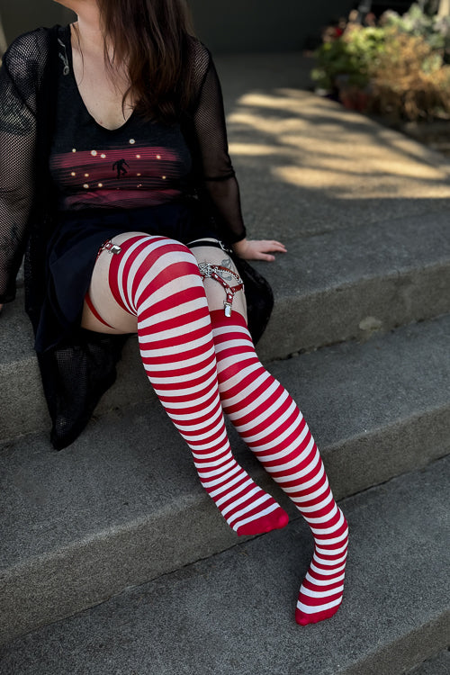 Striped Nylon Thigh High - White and Red