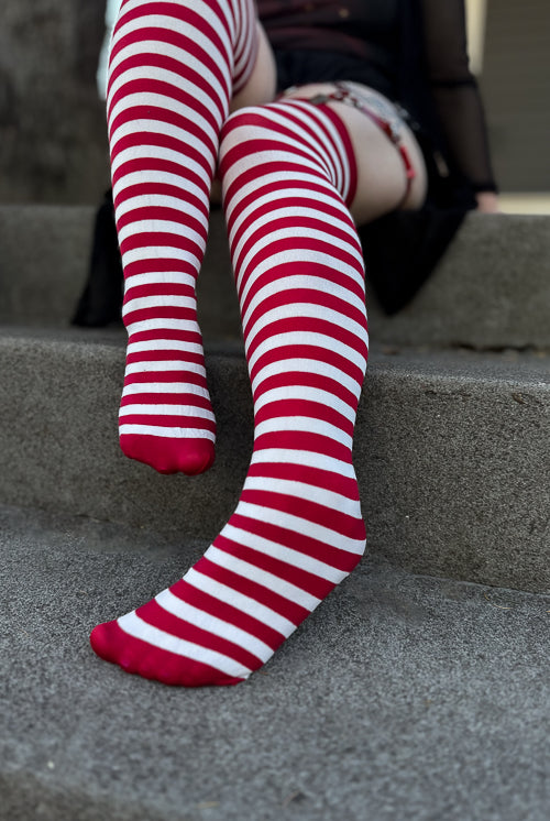 Striped Nylon Thigh High - White and Red