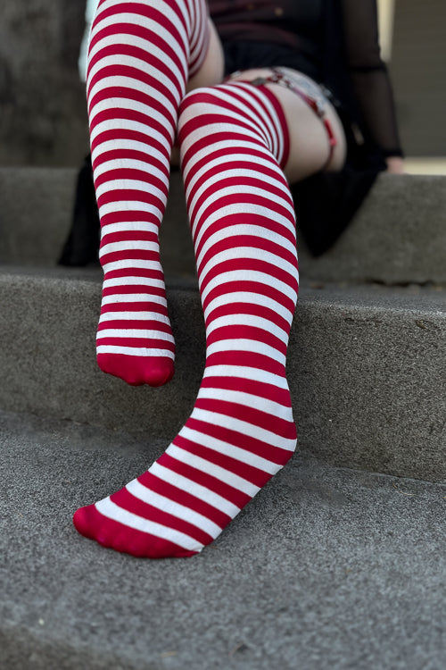Striped Nylon Thigh High - White and Red