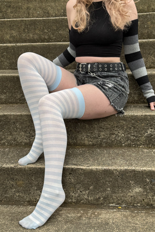 Striped Nylon Thigh High - White & Light Blue