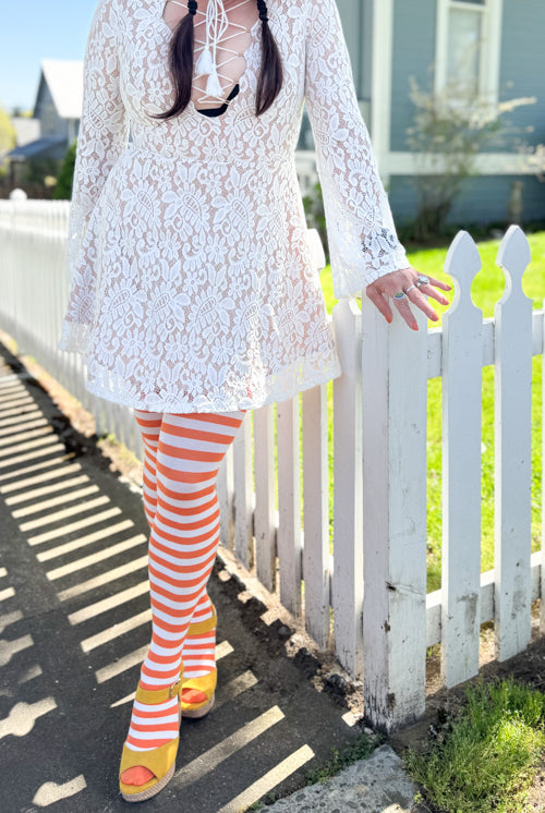 Striped Nylon Thigh High - White/Orange