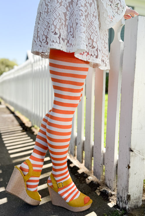 Striped Nylon Thigh High - White/Orange