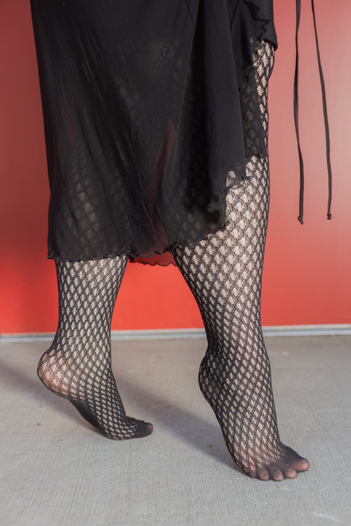 Gilded Grid Net Tights with Bow Lace Top