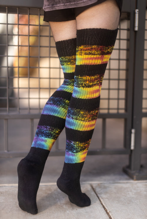 Marled Striped Tie Dyed Thigh High Socks