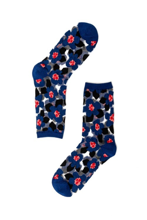 Bold Blue Floral Sheer Crew