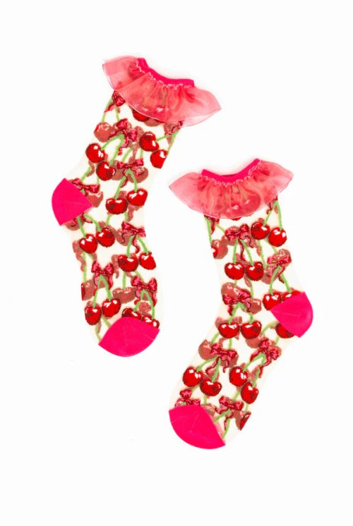 Cherry Bow Ruffle Sheer Crew
