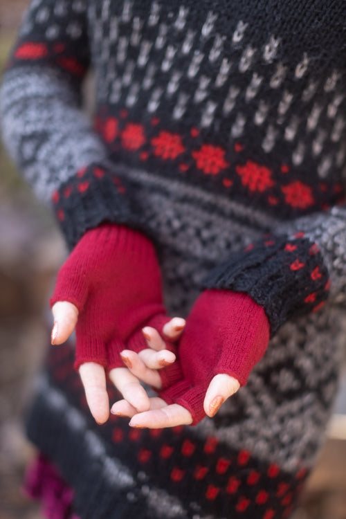 Wool Fingerless Gloves - Red