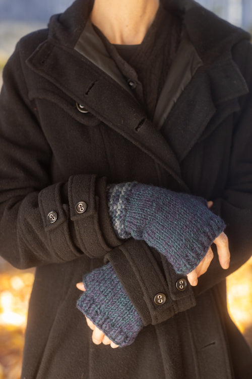 Melange Knitted Wool Arm Warmers - Blue