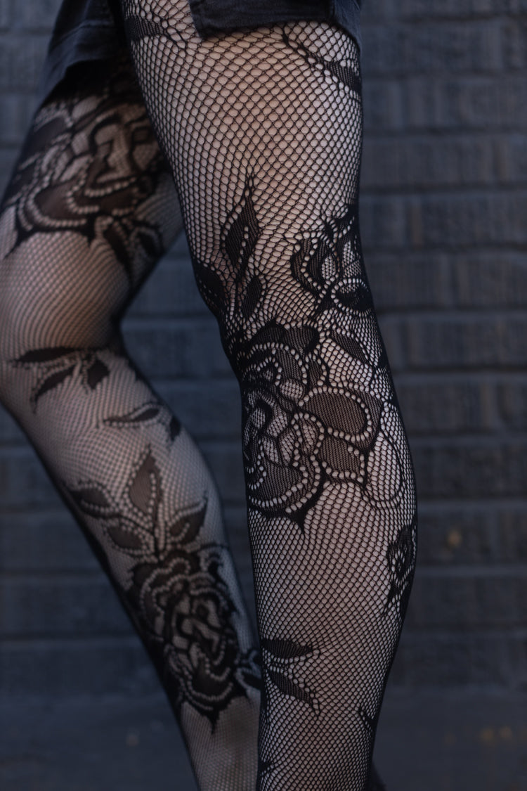 Cervia Floral Fishnet Tights - Black Nero