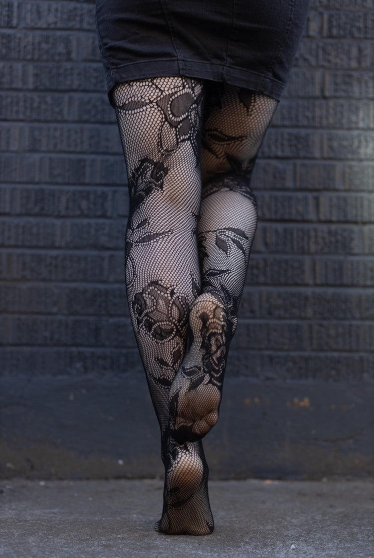 Cervia Floral Fishnet Tights - Black Nero