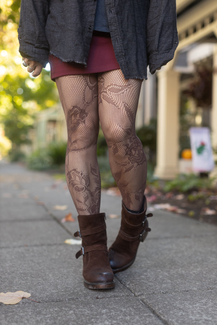 Cervia Floral Fishnet Tights - Mocha
